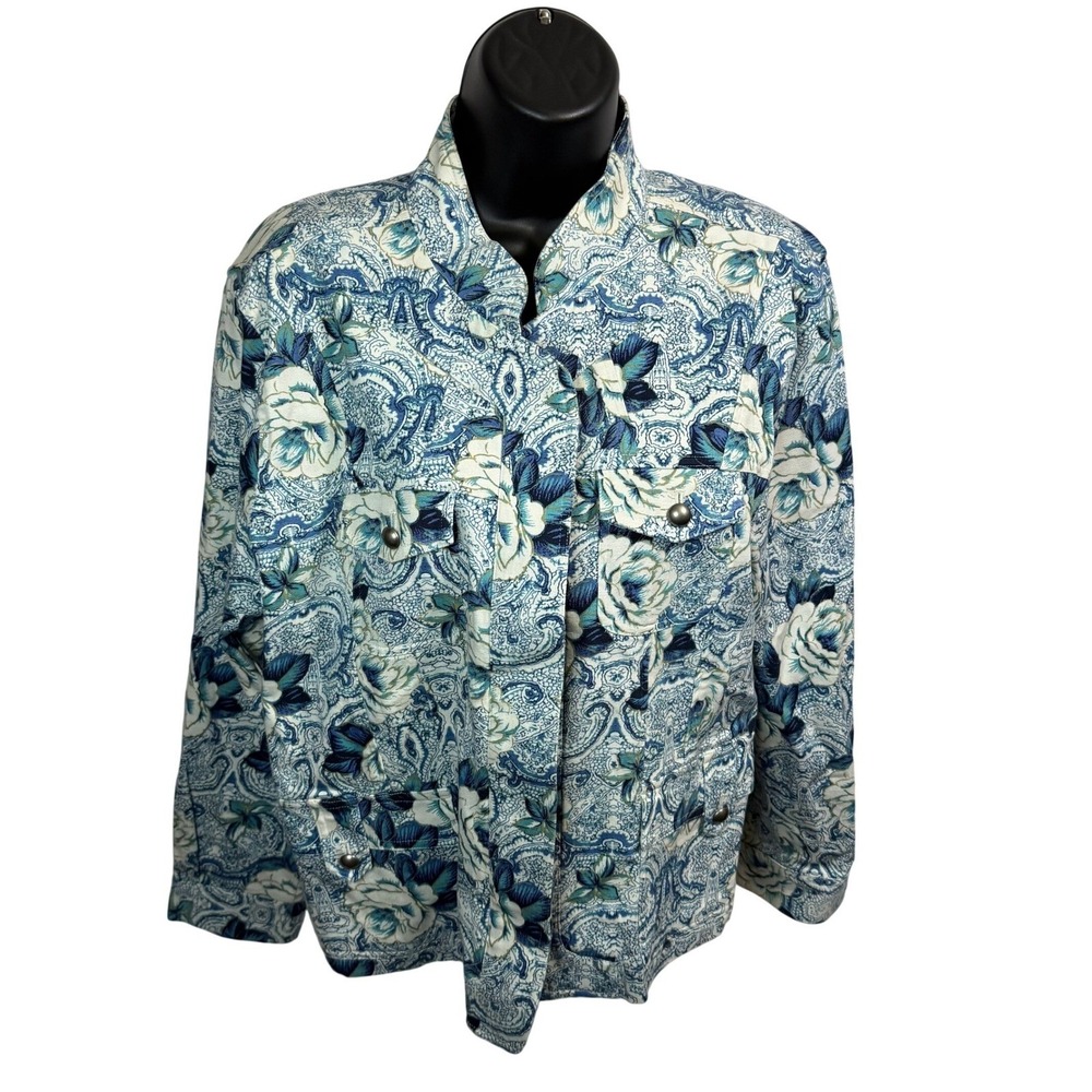 Christopher & Banks Blue Floral Paisley Spring Jacket XL Mock Neck Button Front
